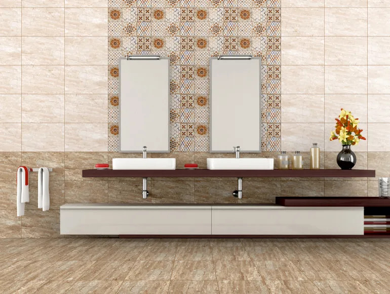 Sophisticated Beige Bathroom with ODG Travertine Brown DK, Mirror & Sink